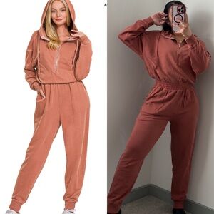 NEW Zenana Rust French Terry Cotton Hooded Jogger Jumpsuit Lounge Size Large